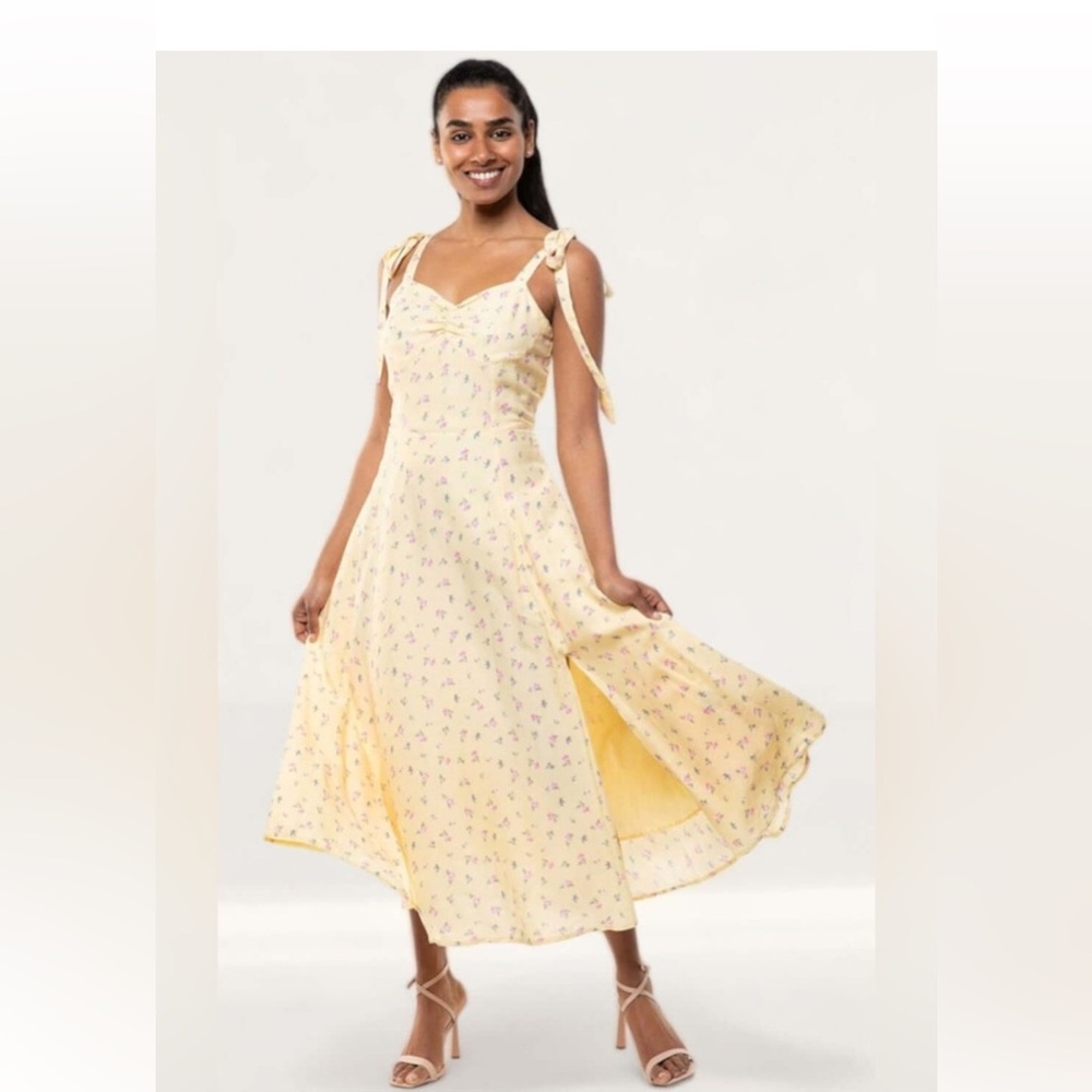Bardot Floral Ditsy Tie Shoulder Midi Dress US 8 or medium. Butter yellow